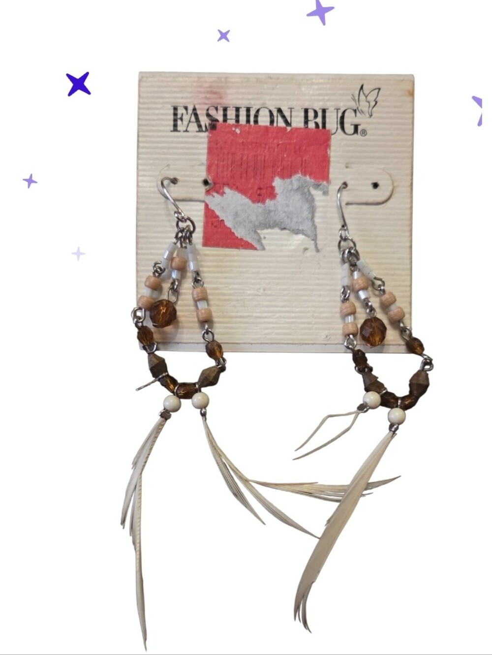 Fashion Bug Beige and Brown Beaded Feather Dangle Earrings